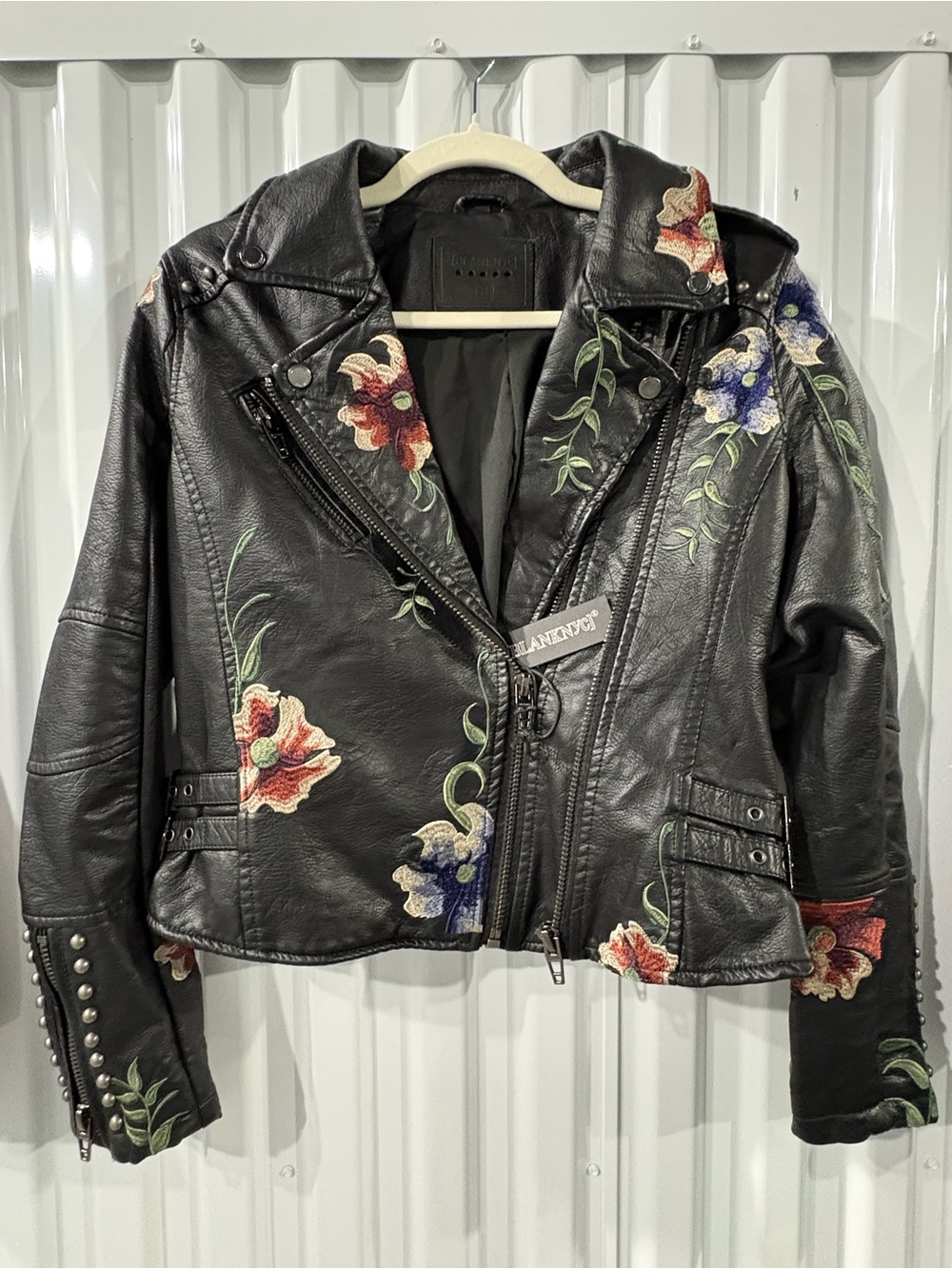 BLANKNYC Black Floral Embroidered Faux Leather Moto Jacket Studded Buckle